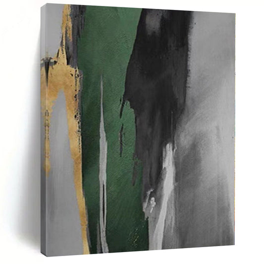 Hand-Painted Green, Black, and Gold Abstract Vertical Strokes Painting For Sale HS002