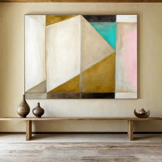 Hand Painted Art: Neutral Gold Teal and Pink Geometric Abstract Painting WB348