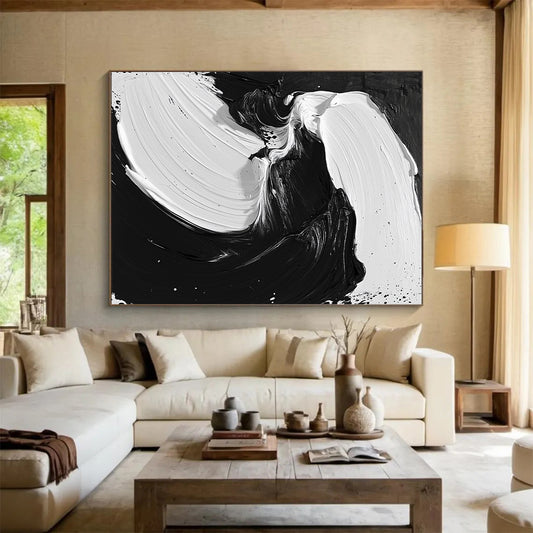 Hand Painting Black and White Fluid Abstract Art HS195