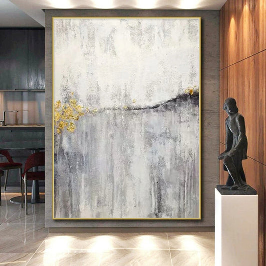 Hand-Painted Gray, White, and Gold Abstract Textured Painting For Sale HS035