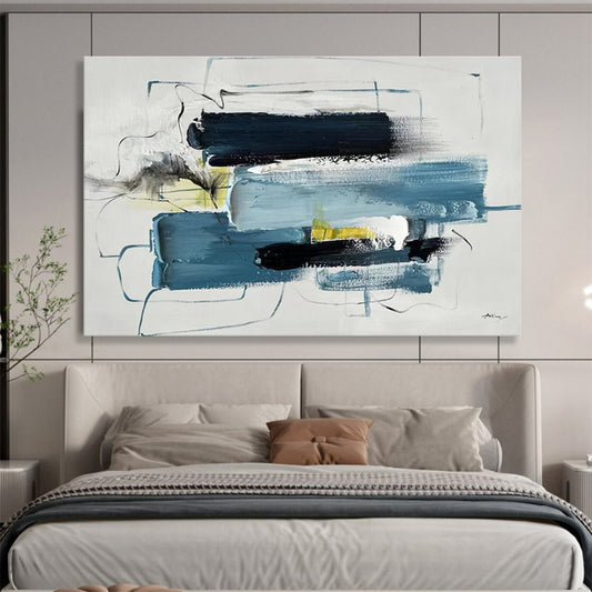 Modern Art Acrylic: Blue Black and Yellow Abstract Painting WB353