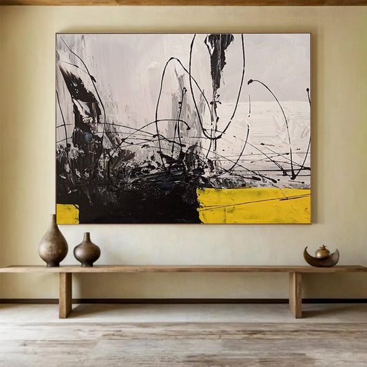 Big Size Black, White, and Yellow Abstract Linear Art, Abstract Acrylic Painting WB168