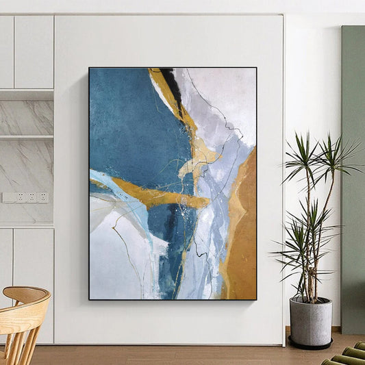 Hand Painted Art Blue, Gold, and Gray Textured Abstract Painting On Canvas HS807