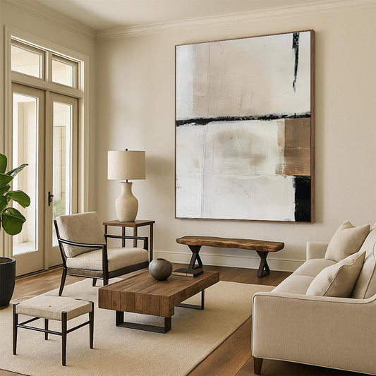 Handmade Art Beige, White, and Black Textured Abstract Painting On Canvas HS785