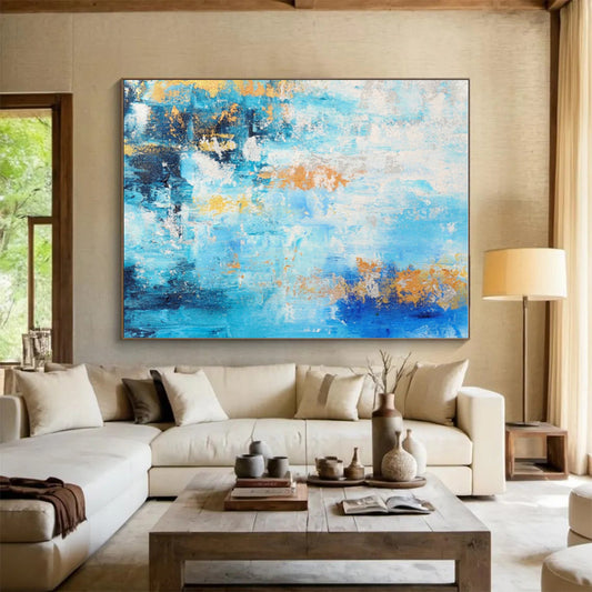 Hand-Painted Blue, Gold & White Textured Abstract, Acrylic Modern Art Painting HS281