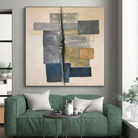 Hand-Painted Gray, Blue, and Beige Abstract Geometric Block Painting For Sale HS018