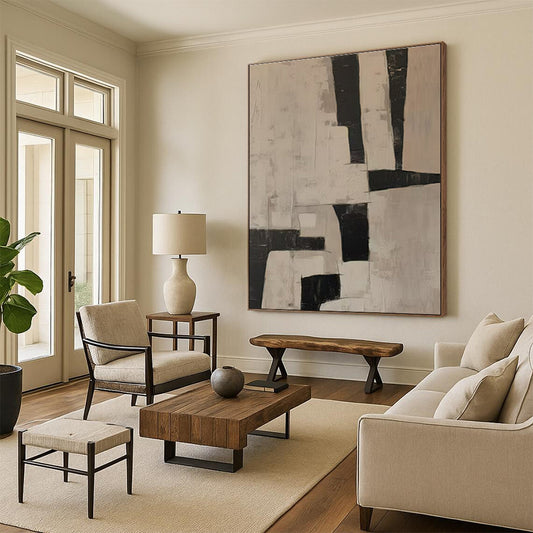 Modern Art Acrylic Black and Beige Geometric Abstract Art HS634