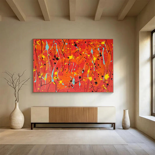 Large Size Orange, Yellow and Blue Abstract Splatter Painting WB075