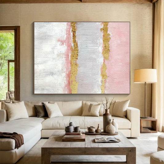 Hand-Painted Pink & Gold Textured Abstract, Acrylic Modern Art Painting HS347