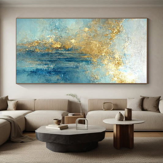 Hand-Painted Blue & Gold Textured Abstract, Large Contemporary Wall Art HS227