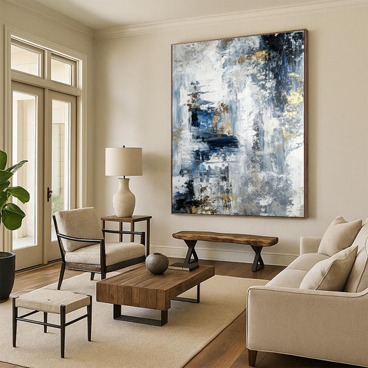 Hand Painted Art Gray, Blue, and Gold Textured Abstract Art HS770