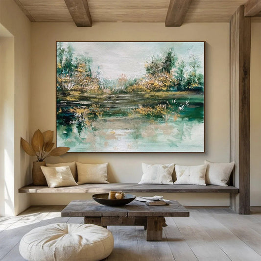 Contemporary Abstract Painting: Green and Beige Forest Lake Abstract Painting WB346