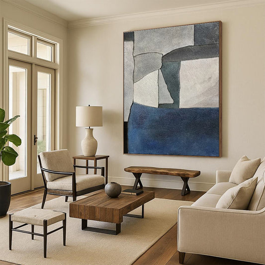 Handmade Art Gray & Blue Geometric Abstract, Minimalist Canvas Art HS434