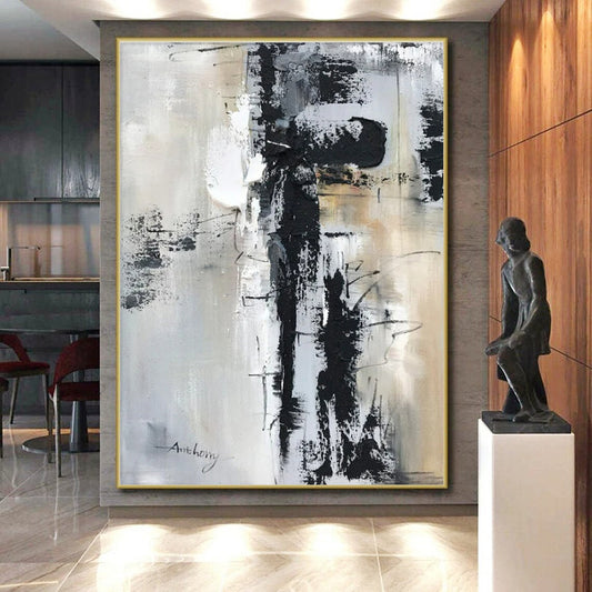 Large Contemporary Wall Art Black, White, and Neutral Textured Abstract HS587