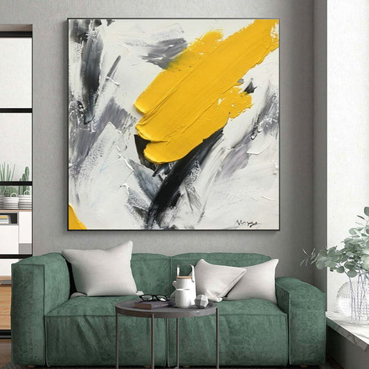 Hand-Painted Modern Art Acrylic with Yellow, Black, Gray Textured Layers - Large Painting In Living Room HS524