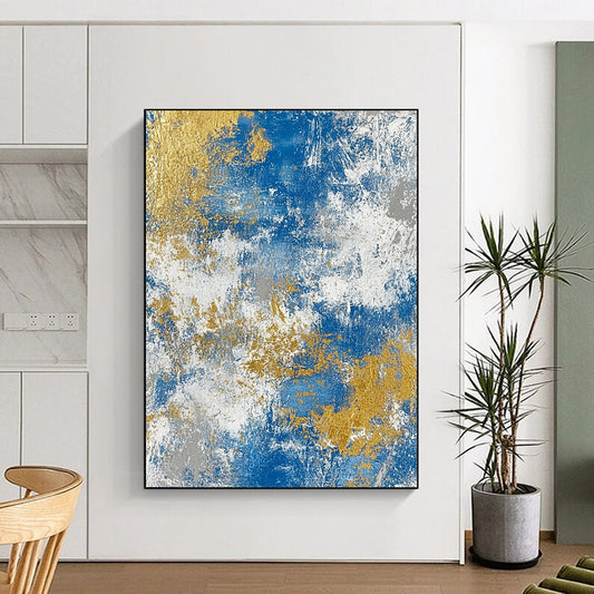 Handmade Art Blue, White, and Gold Abstract Textured Painting For Sale HS118
