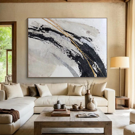 Gaint Canvas Art Black, Gold & Silver Gestural Abstract, Oversized Abstract Wall Art HS245