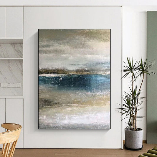 Hand-Painted Acrylic Modern Art Painting with Blue, Gray, Beige Textures - Large Contemporary Wall Art HS511