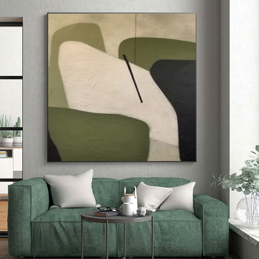Handmade Art Minimalist Canvas Art with Geometric Shapes in Green, Black, White - Modern Art Acrylic HS502