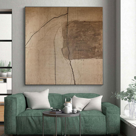 Handmade Art Beige and Brown Abstract Line Painting For Sale HS106