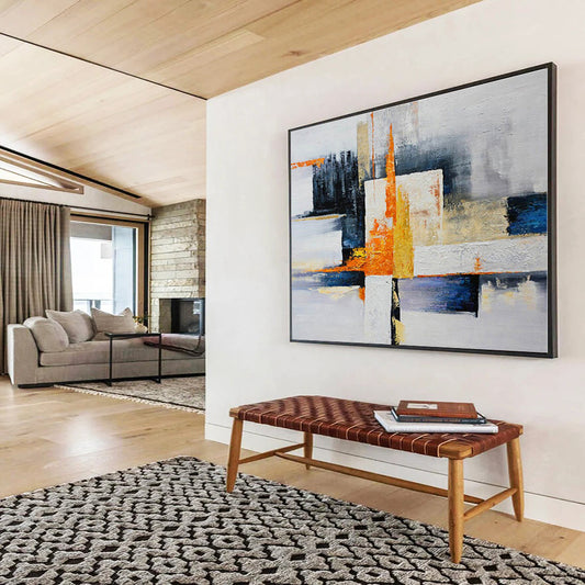 Large Size Orange, Yellow, Blue and White Abstract Geometric Painting WB065