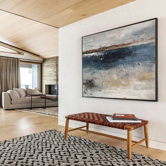 Oversized Canvas Art Blue, Gray and Beige Abstract Landscape Painting WB077