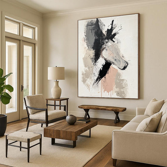 Unique Abstract Art Gray, Black, and Beige Abstract Horse Painting For Sale HS143