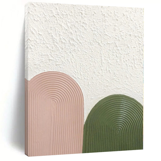 Hand-Painted Pink, Green, and White Abstract Curved Shape Textured Painting For Sale HS036