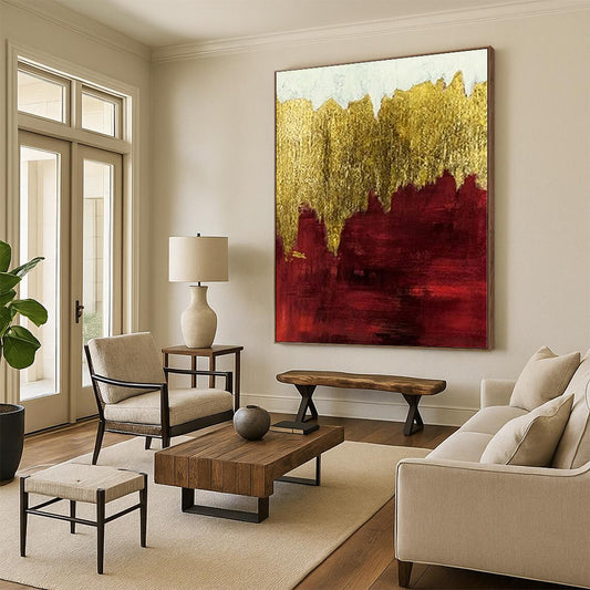 Hand-Painted Red and Gold Abstract Landscape Painting For Sale HS066