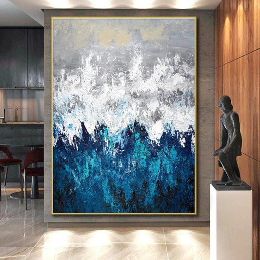 Hand Painting Blue, Gray & White Textured Abstract Mountain Art HS382