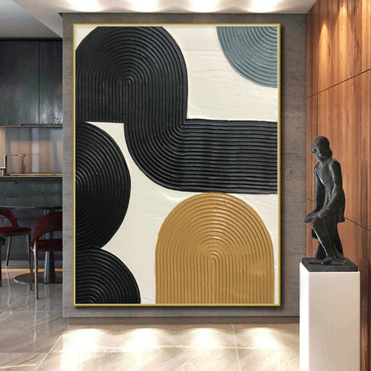 Hand-Painted Black, Beige, and Gray Abstract Curved Line Textured Painting For Sale HS038