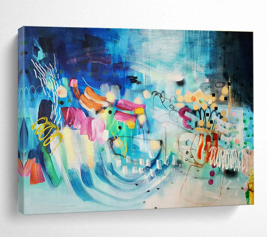 Contemporary Abstract Painting Vibrant Blue and Multicolor Whimsical Abstract Painting WB334