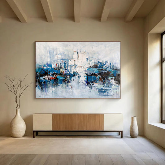 Large Size Blue and White Abstract Harbor Scene Painting WB055