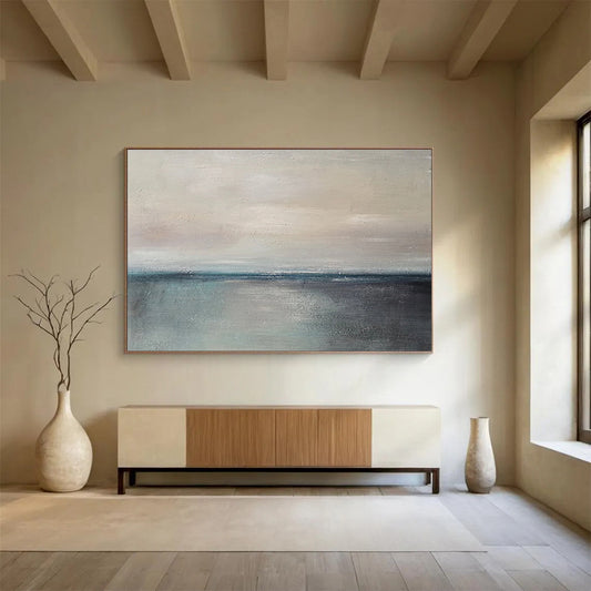 Horizontal Beige, Gray, and Blue Abstract Calm Sea Horizon, Abstract Oil Painting WB184