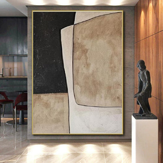 Handmade Art Black, Beige, and Brown Geometric Abstract Art HS672