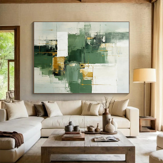 Unique Abstract Art Green, White, and Gold Geometric Abstract Painting On Canvas HS800