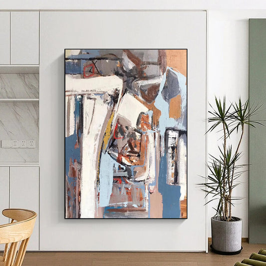 Hand Painted Art Gray, Blue & Terracotta Geometric Abstract, 48x60 Canvas Art HS215