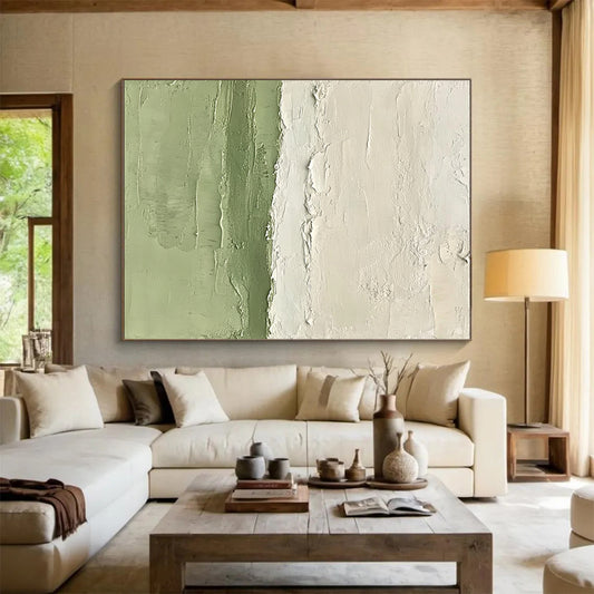 Hand Painting Green and White Textured Minimalist Abstract Art HS190