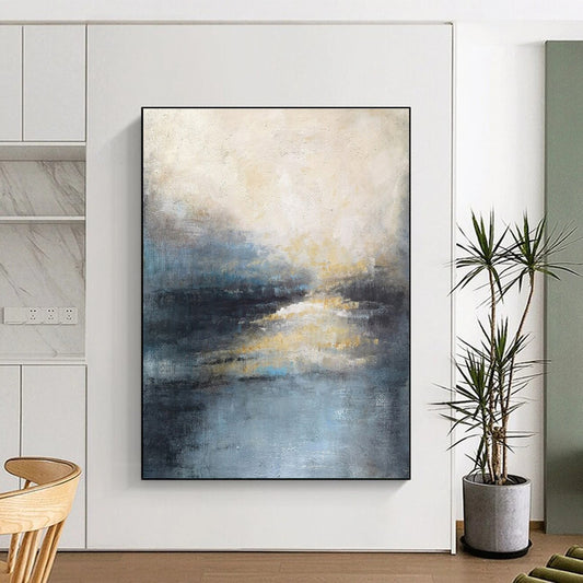 Modern Art Acrylic Blue, Gray, and Gold Textured Abstract Landscape HS707