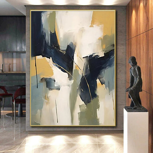 Hand-Painted Navy, Yellow & White Gestural Abstract, Acrylic Modern Art Painting HS230