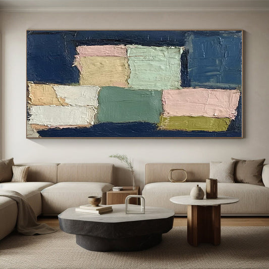 Hand Painted Art Navy & Pastel Blocks, Large Painting In Living Room HS205