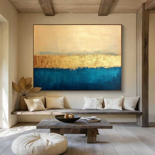Horizontal Blue, Gold, and Beige Textured Abstract Art WB270