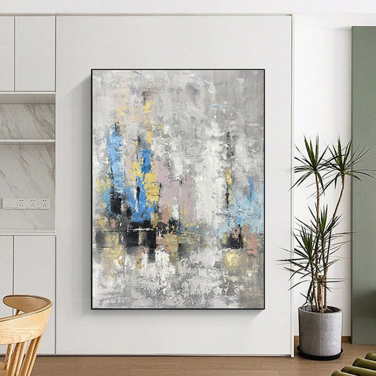 Hand Painted Art Gray, Blue & Gold Textured Abstract, Large Painting In Living Room HS244