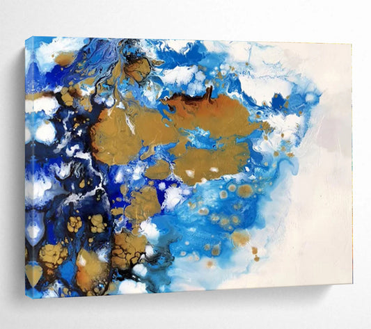 Huge Size Blue Gold and White Abstract Fluid Art Painting WB058