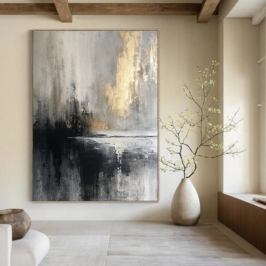 Gray, Black, and Gold Abstract Seaside Painting For Sale Online WS490