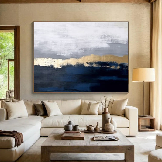Extra Large Size Blue, Gray and Gold Abstract Landscape Painting WB144