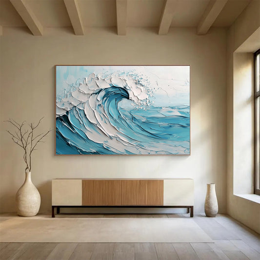 Oversized Canvas Art in Blue and White Textured Wave Abstract Style WB242