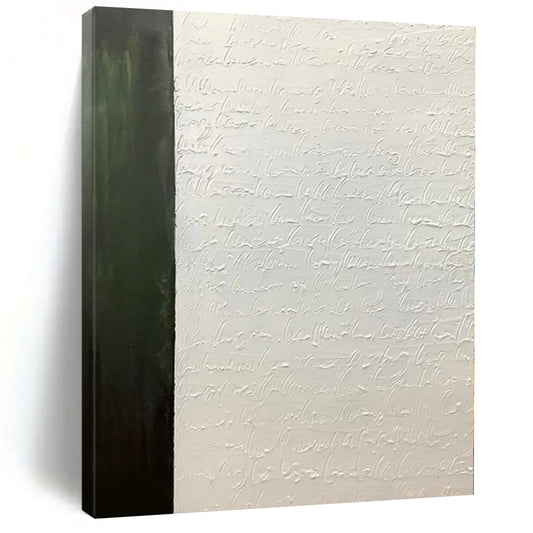 Hand-Painted Green and White Abstract Textured Script Painting For Sale HS041