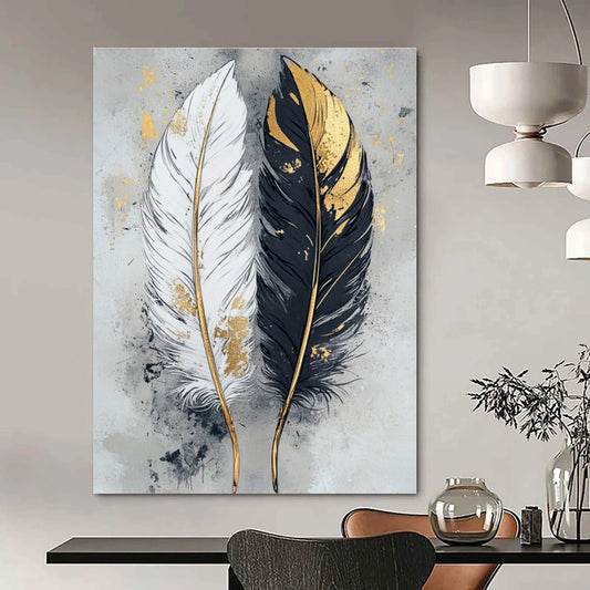 Black, White, and Gold Abstract Feather Painting For Sale WS499