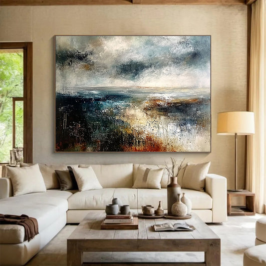 Extra Large Size Gray, Blue, and Brown Abstract Stormy Seascape - Acrylic Painting WB279